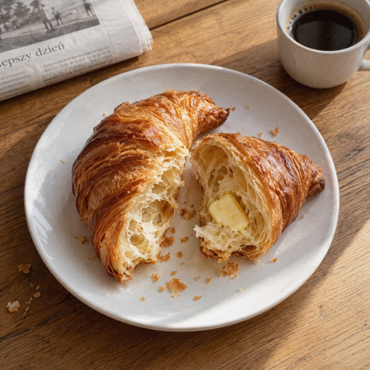 Ciepły croissant przełamany na talerzu, obok masło i kawa